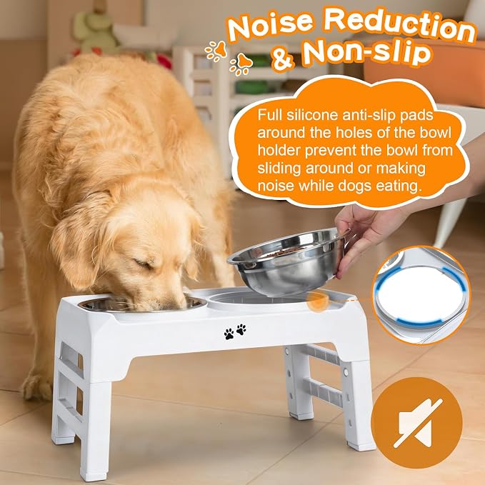 COMESOON Elevated Dog Bowls, 4 Height Adjustable Raised Bowl Stand with 2 Thick 50oz Stainless Steel Food Bowls Non-Slip Feeder Adjusts to 3.7'', 9.2'', 10.75'', 12.36'' White