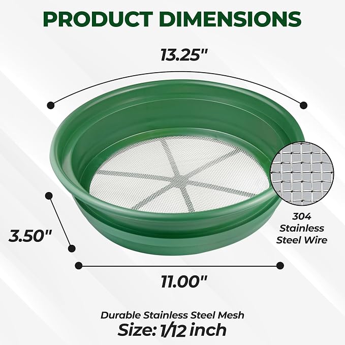 SE Gold Prospecting-Sifting-Panning, 13.25 Inch Wide Stackable Classifier Gold Prospecting Pan, 1/12 Inch Stainless Steel Mesh Sifting Pan, Green