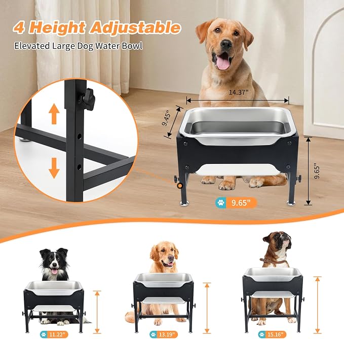 3 Gallon Elevated Dog Water Bowl, Raised Stand for Large Dogs | 4 Adjustable Heights, 9.65-15.16 in Stand, 3 Gallon Bowl, 14 x 10.6 x 5.9 in Size, Indoor Outdoor Use, Easy to Clean