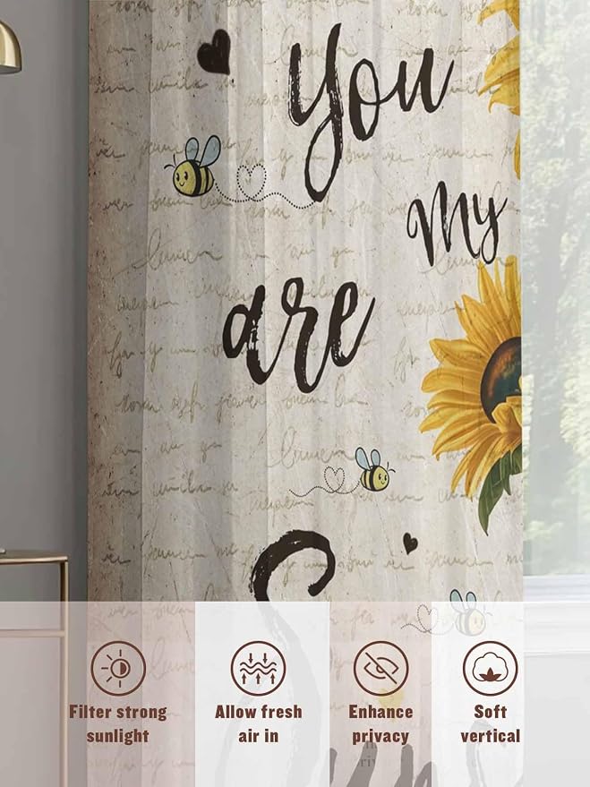 Sunflower Voile Sheer Curtain 63 Inch, Rod Pocket Rustic Yellow Floral Sheer Window Curtain Panels, Vintage Retro Beige Newspaper Letter Semi-Sheer Tulle Drape Chiffon Fabric for Bedroom Living Room