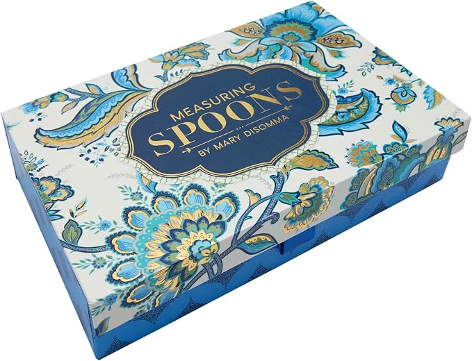 Mary DiSomma’s Ceramic Measuring Spoons (Set of 4) | Unique Signature Floral Print Design for each, Gold Overlay, Teal, Blue, Robin’s Egg Blue, Lime Green, Metallic Gold Chain, Boxed gift set