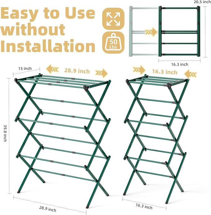 BAKON Foldable Space Saving Clothes Drying Rack, Extendable Rustproof Laundry Rack for Indoor Outdoor Dorm Room Apartments RV, Green
