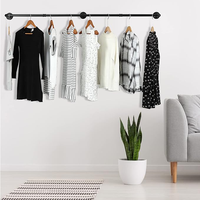 Oroonoko 72inch Industrial Pipe Clothes Rack Wall Mount For Hanging Rod Bar for Laundry Room, Closet Rod& Plant Hanger Up to Max Load 135Lb Black (72inch(1 Pack))