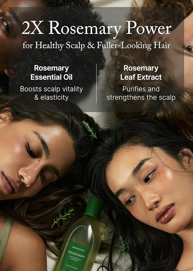 AROMATICA Rosemary Scalp Scaling Shampoo for Hair Growth - Korean Hair Care for Thinning Hair & Hair Loss, Natural Essential Oil, Vegan, Sulfate Silicone Paraben Free (13.53 oz)