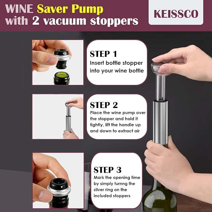 KEISSCO Stainless Steel Wine Opener Set - Compact Vertical Corkscrew Wine Bottle Opener Gift Set with Foil Cutter, Aerator Pourer, Vacuum Pump and 2 Wine Stoppers, Wine Gift Set for Home Party Bar