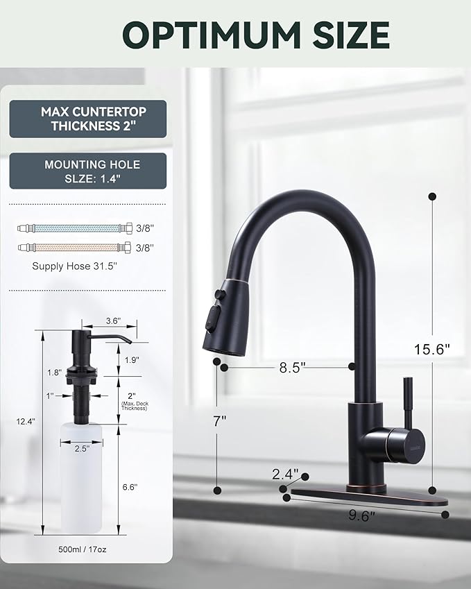 Oil-Rubbed Bronze Kitchen Faucet with Soap Dispenser, WOWOW Stainless Steel Kitchen Faucets for Sink, Pull Down Kitchen Faucet Single Handle High Arc Kitchen Sink Faucet with Deck-Plate