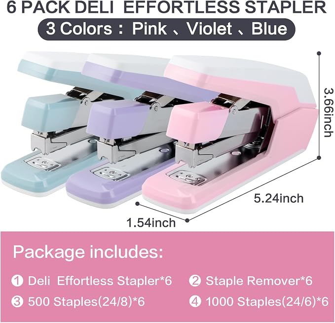 Deli Stapler, Effortless Staplers for Desk, 40-50 Sheet Capacity Heavy Duty, One Touch, No Effort, Easy to Load, with 1500 Staples & Staple Remover, 6 Pack, 3 Colors