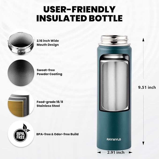RAYMYLO Insulated Water Bottle 20 oz, Triple Wall Vacuum Stainless Steel (Cold for 24Hrs, Hot for 12Hrs), Leak Proof & Non-BPA, Modern Water Bottle Jug for School with Straw Spout Lids