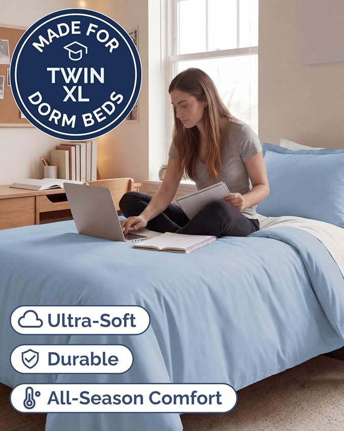 Duvet Cover Twin/Twin XL Size Set - Extra Soft Twin/Twin XL Duvet Cover 68" x 90" with 1 Pillow Sham for Women, Men, Kids & Teens - Comfy, Easy-Care & Fade Free w/ Zipper Closures & Ties (Sky Blue)