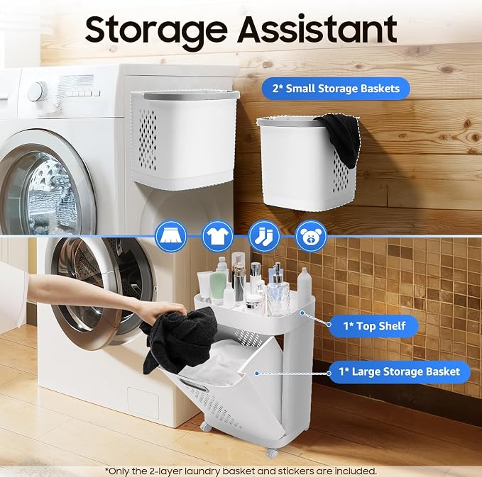 2 Tier Rolling Laundry Basket Cart Removable Laundry Basket with Wheels Household Storage Baskets for Home Kitchens Bathrooms Bedrooms Laundry Rooms Dorms (White)