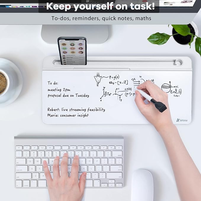 Varhomax Glass Desk Whiteboard with Storage, Desktop Organizer to-do List Memo Notepad Dry Erase White Board for Home Office and School Supplies (White)