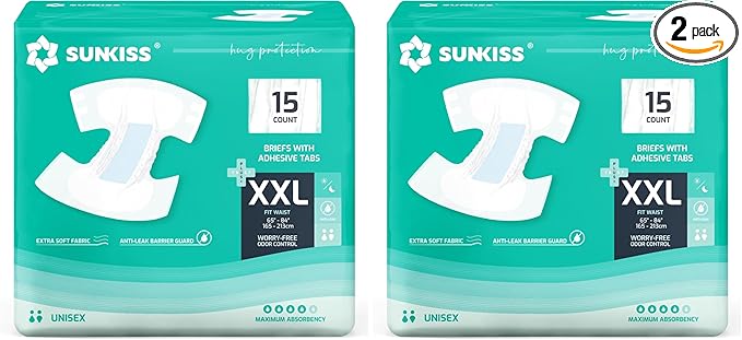 SUNKISS TrustPlus Adult Diapers with Maximum Absorbency, Disposable Incontinence Briefs with Tabs for Men and Women, Odor Control, XXLarge, 15 Count (Pack of 2)