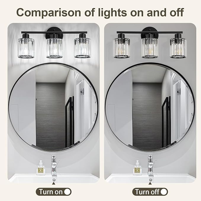 Crystal Bathroom Light Fixtures, Bathroom Lighting Fixtures Over Mirror, Modern Black 3-Light Vanity Lights for Mirror, Restroom, Bedroom (Ceramic E26 Socket,Bulbs Not Include)
