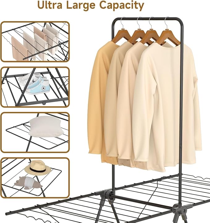 Bigzzia Clothes Drying Rack Foldable, 3-Level Large Laundry Drying Rack Collapsible, Stainless Steel Drying Rack Clothing for Indoor Outdoor, Easy to Fold, Drying Rails 68.9" H, Gray