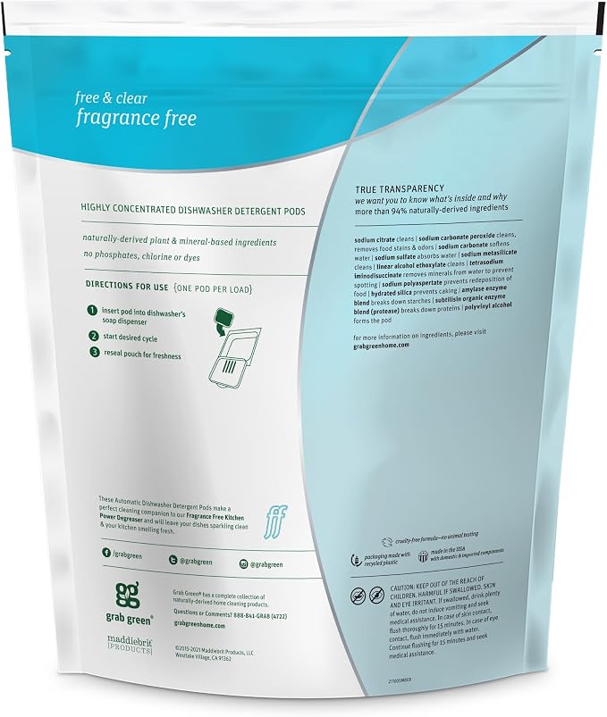 Grab Green Dishwasher Pods, 60 Count, Unscented, Plant & Mineral Based | Fragrance free; Plant & mineral based; Enzyme-powered; Velcro Closure; No Harsh Chemicals; Removes Grease and Stuck on Food