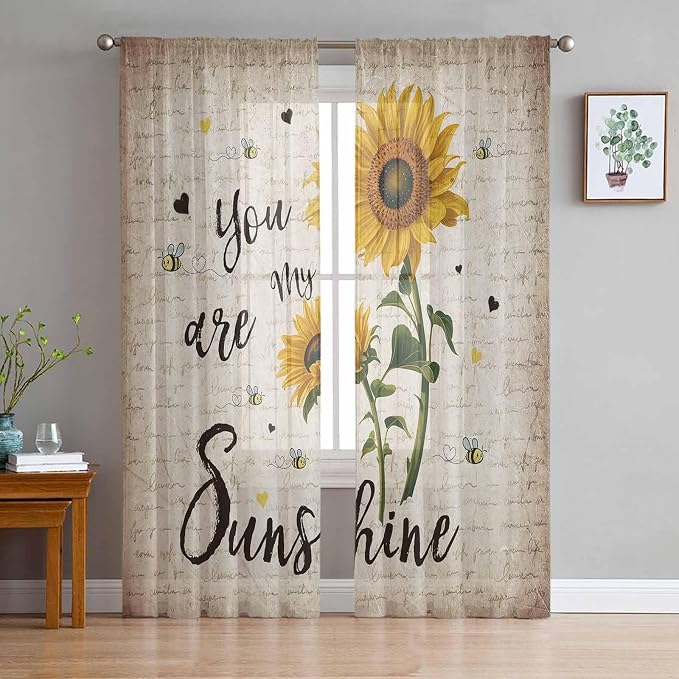 Sunflower Voile Sheer Curtain 63 Inch, Rod Pocket Rustic Yellow Floral Sheer Window Curtain Panels, Vintage Retro Beige Newspaper Letter Semi-Sheer Tulle Drape Chiffon Fabric for Bedroom Living Room