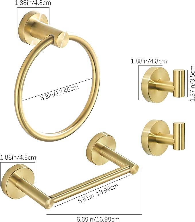 Gold Bathroom Hardware Set, Brushed Gold Toilet Paper Holder Towel Ring 2 Robe Hooks Wall Mount Hand Towel Holder Bath Accessories Stainless Steel, 4 Pieces