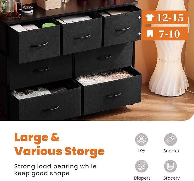 Sweetcrispy 7 Drawer Dresser Storage Organizer with Fabric Bins, Black | Sturdy Steel Frame and Wood Top, Easy Pull Handles, for Bedroom Closet Hallway Entryway