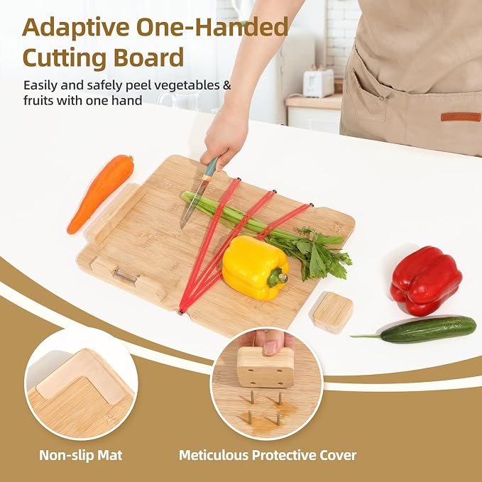 One-Handed Cutting Board, Adaptive Cutting Board for Disabled &Stroke Patients & Handicapped People, Handicap Kitchen Chopping Boards with Peeler& Steel Spikes &Bread Stops