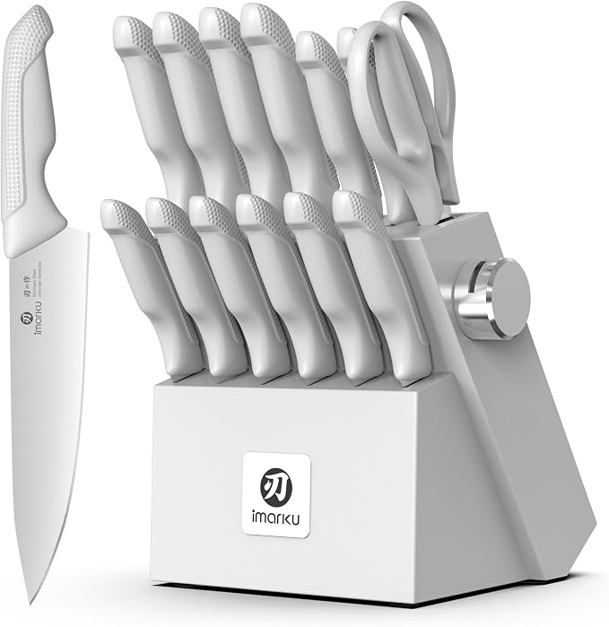 imarku 14-Piece Kitchen Knife Set, Gray Gyutou Knife Sets with Block and Build-in Sharpener, Ultra-Sharp Steak Knives Set of 6, Ergonomic Handle, Dishwasher Safe, New Apartment Essentials