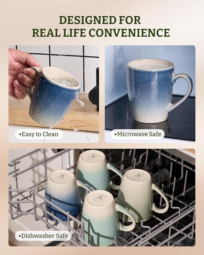famiware Coffee Mugs Set, 13 oz Mug Set of 8, Stoneware Cups for Latte, Hot Tea, Mocha, Cocoa, Cappuccino, Microwave and Dishwasher Safe, Glacier Series, Azure Blue