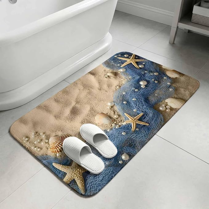 Entryway Rug Indoor Outdoor 31.5"x47.2", Coastal Beach Absorbent Non Slip Floor Mat, Summer Nautical Blue Fishing Net Conch Low-Profile Welcome Mats for Front Door Patio Mudroom Garage Entrance