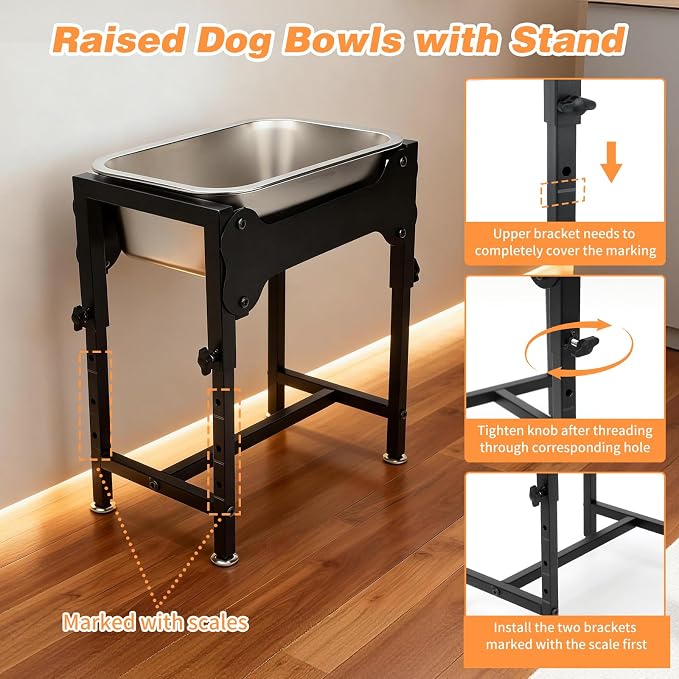 1.25 Gallon Elevated Dog Water Bowl, 4-Height Raised Stand | Stainless Steel Raised Bowl, 4 Heights 9.65-15.16 in, Non-Slip Feet, Small and Medium Dogs, Indoor Outdoor Use, Easy to Clean