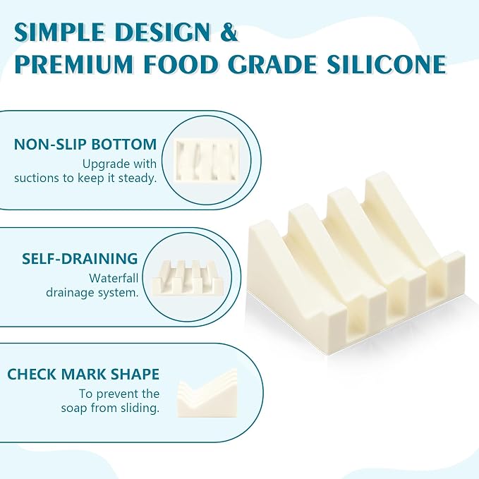 Self Draining Soap Dish Holder,Silicone Soap Dish,for Bathroom,Kitchen, Sponges，Can Extend Soap Life，Keep Soap Bars Dry and Easy Cleaning (Cream White,4-Pack)