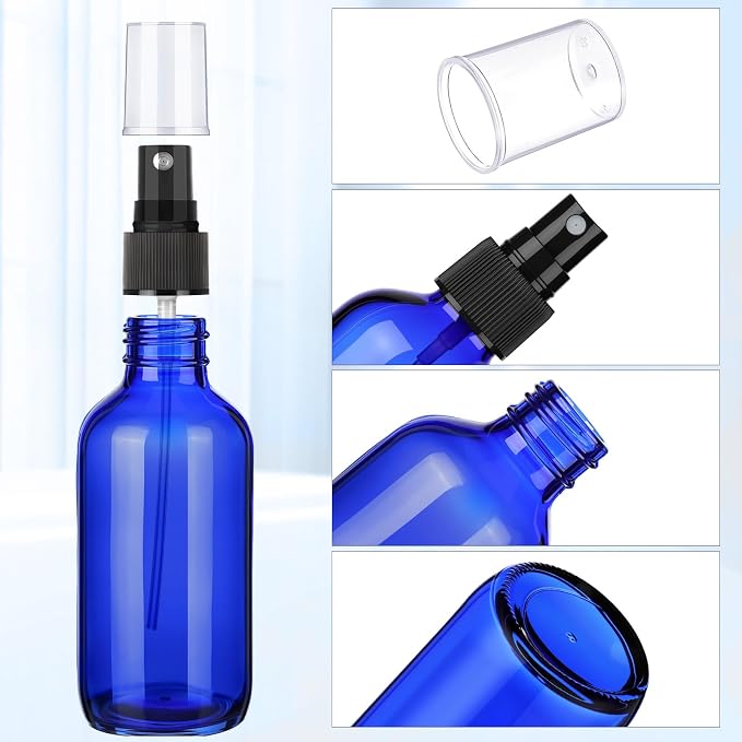 Nuogo 50 Pieces Mini Glass Spray Bottles Bulk 4 Oz Fine Mist Bottles with Funnel Dropper and Cleaning Brush Refillable for Essential Oils, Perfumes and Aromatherapy(Blue)