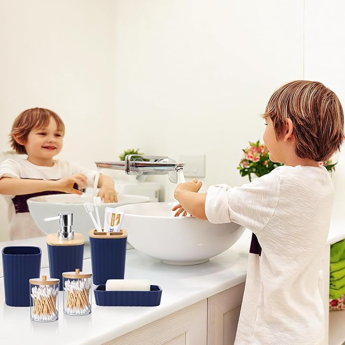 XLHOMO Blue Bathroom Set - Navy Blue Bathroom Accessories Set with with Trash Can,Toothbrush Holder,Toothbrush Cup,Soap Dispenser,Tray,Soap Dish,Toilet Brush,Qtip Holders for Bathroom Home Decor