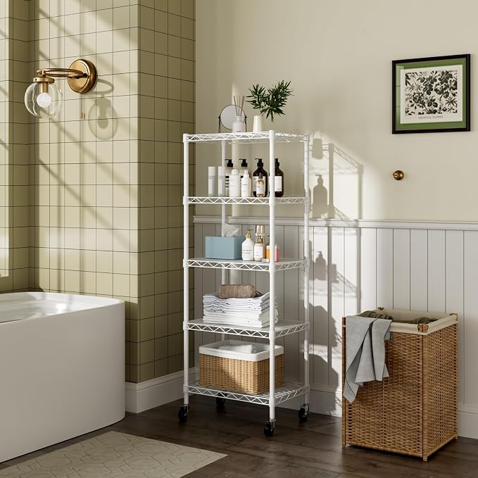 Golpart Small 5 Tier Shelves Storage Wire Shelving Unit Metal Shelf Adjustable Organizers Storage Shelving with Wheels for Bathroom Laundry Room Kitchen Pantry11.7”D x 17.7”W x 57.2”H White