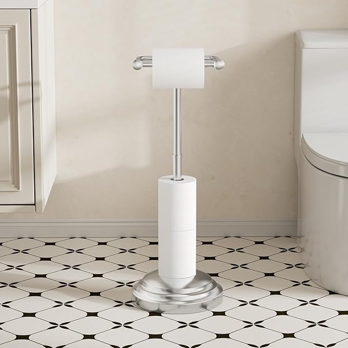 Bathroom Toilet Paper Holder Stand, Brushed Nickel Toilet Paper Holder Free Standing, Stainless Steel Pivoting Toilet Tissue Roll Holder，Adjustable Height (14 to 24 Inch) Paper Holder