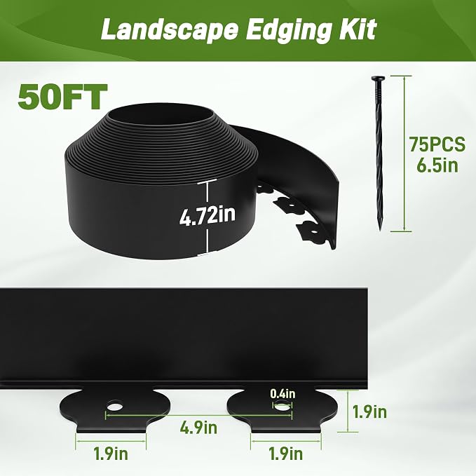 Quibbay 4.72 Inch x 50FT Landscape Edging Border with 75 Stakes, No Dig Garden Edging Border Kit, Flexible Plastic Lawn Edging for Landscaping Garden Flower Beds Yard Paver Pathway,Black