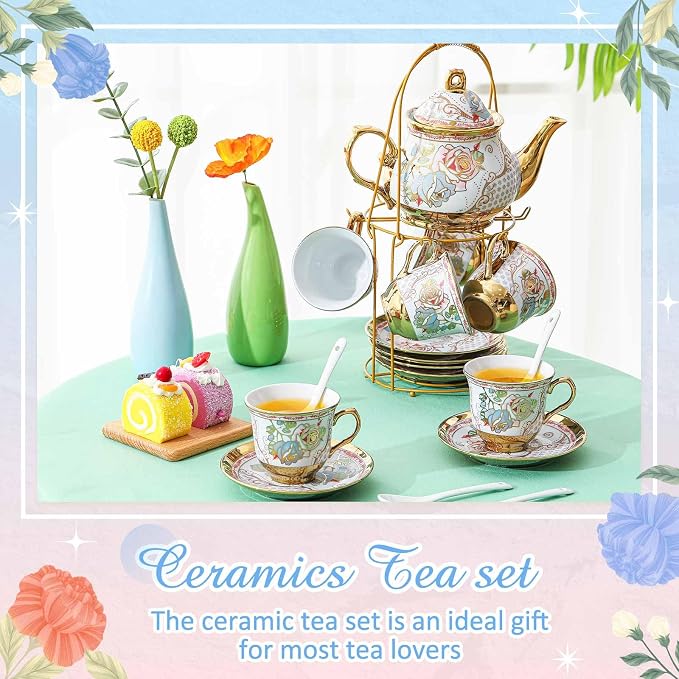 Zhehao 20 Pcs Porcelain Tea Set with Metal Holder and Spoon Adult Ceramic Tea Set European Flower Painting Teapot Cup Saucer Spoon for Women Mom Gift, Large Version (Minimalist Style)