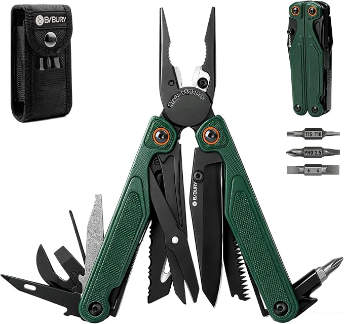 BIBURY Lightweight G10 Handle Multitool Pliers, 25-in-1 EDC Multi Tool with Replaceable Wire Cutters, Scissors, One-Hand Opening Pocket Knife Survival Tools for Camping, Repair,Survival -BI2048G