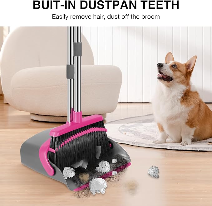 NACENA Broom and Dustpan Set, 52-in Long Adjustable Handle Broom Dustpan Combo with Dustpan Teeth to Automatically Clean Hair Suitable for Home Kitchen Office Hall Floor（Grey&Rose）