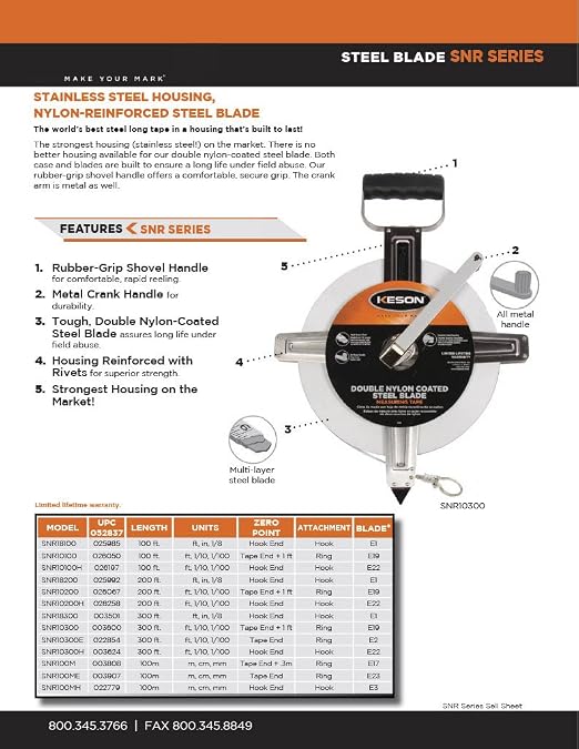 Keson SNR10200 Nylon-Reinforced Steel Blade Tape Measure with Stainless Steel Housing, Zero Point at Tape End + 1-Foot and Ring End (Graduations: ft., 1/10, 1/00), 200-Foot