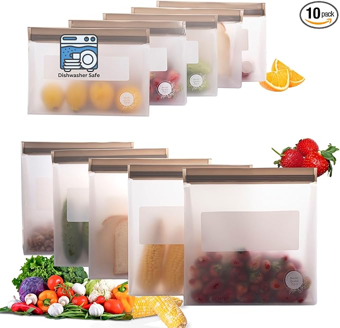 Reusable Food Storage Bags – 10-Pack Stand-Up, BPA-Free, Freezer, Dishwasher Safe & Eco-Friendly – 5 Gl, 5 L Bags – Airtight Leakproof Ziplock Bags for Kitchen Storage (Grey)