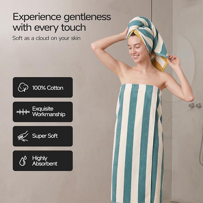 REDKISS 2 Pack Extra Large Striped Bath Towels, 31 x 63 Inches, 100% Cotton, Larger & Quicker to Dry, Super Soft and Highly Absorbent Towel, Perfect for Bathroom, Green