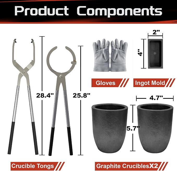 Nelyrho #6 (13.2lbs-6kg) Crucible Tongs Set Pro for Melting Metal Casting | Includes lifting and pouring tongs, 2 graphite crucibles, Ingot mold and gloves for metal melting, casting and jewelry making