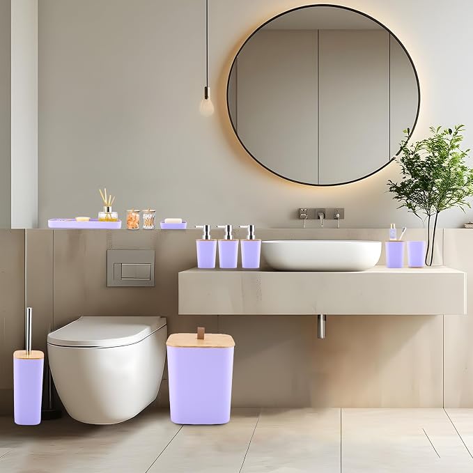 XLHOMO Purple Bathroom Accessories, Bathroom Accessories Set with Trash Can, Soap Dispenser, Toothbrush Holder, Toothbrush Cup, Soap Dish, Toilet Brush, Tray and Q-tip Holders for Housewarming