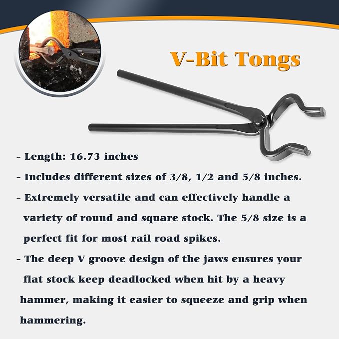 Blacksmith Tong - 3/8" 1/2" 5/8" V-Bit, 1/4 Flat Jaw, Pick Up, Scroll | Knife Making Forge Tongs Set Assembled Steel Blacksmithing Bladesmith Bladesmithing (6PCS)