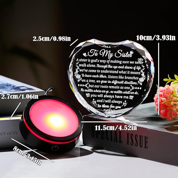 Arikyrist Sister Gift from Sister Brother on Birthday with Colorful LED Base, Crystal Heart Keepsake for Sisters Women - Mother's Day Valentine Gift Idea for Her