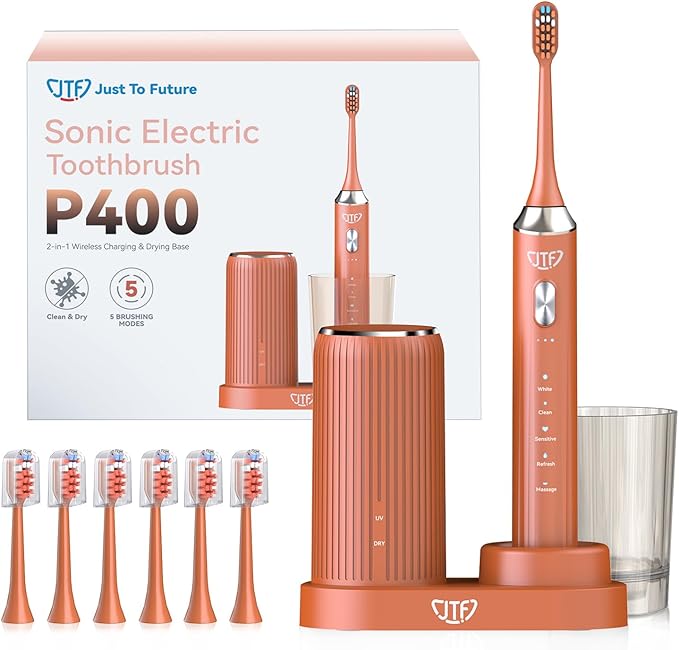 JTF Sonic Electric Toothbrush with UV Sanitizing & Drying: 5 Modes for Effective Yet Gentle Cleaning – with 6 Brush Heads, Rinse Cup, Wireless Charging Base, Rechargeable for Daily Care, Home & Travel