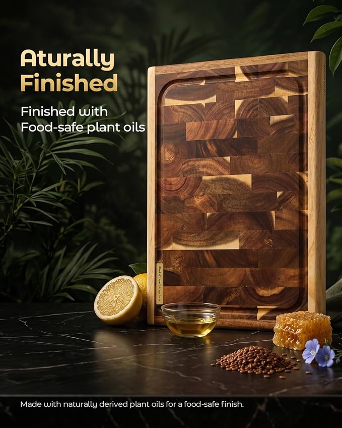 Acacia Wood End Grain Cutting Board 17x12x1.2 Inch | Thick Hardwood Cutting Board, Crack Resistant Design, Large Wood Board for Meat Prep, Non Toxic Kitchen Gift
