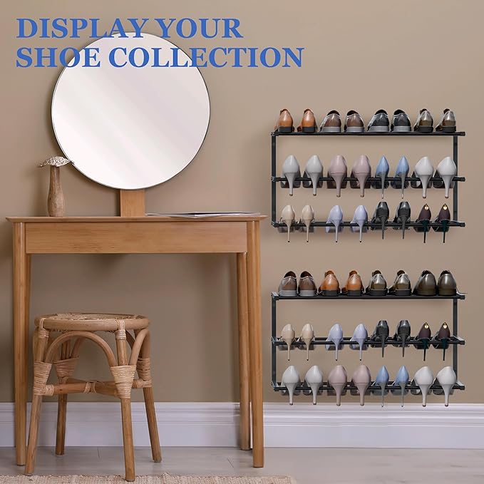 Wall Mounted Shoe Rack, 3 Tier Hanging Shoe Rack Holds 12 Pairs, 17"-30" Adjustable Heavy Duty Metal Shoe Organizer Holder with 2 Storage Hooks, Space Saving for Closet Entryway Doorway（Black