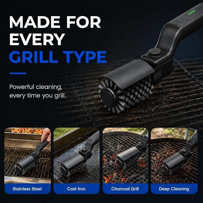Electric Grill Cleaner, Rechargeable Cordless Grill Brush with 24kg High Torque, 3-Speed Cleaning, Adjustable Head & USB-C Charging for Outdoor BBQ, Camping, Patio Cooking and Grill Grates