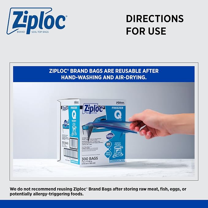 SC Johnson Professional Ziploc Quart Food Storage Freezer Bags, Grip 'n Seal Technology for Easier Grip, Open, and Close, 300 Count