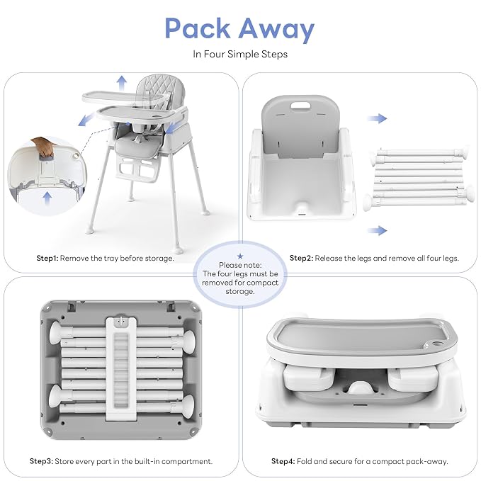 Baby High Chair, 3-in-1 Convertible High Chair for Babies and Toddlers, Built-in Leg Storage, Compact Pack-Away Design, Feeding Chair with Removable Tray, Silla De Comer para Bebe,Gray