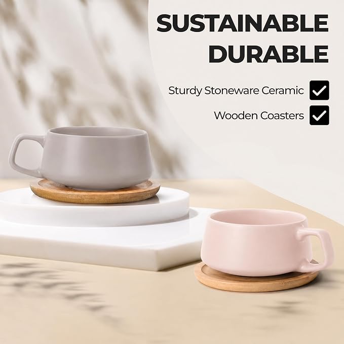 MIAMIO - Cappuccino Cup Set of 4, Ceramic Mugs (9.5oz) - Luxe (Cream Rose) | Ceramic cappuccino cups with saucers, wide latte cups and mugs for Americano, 4-piece set of ceramic cups - dishwasher safe